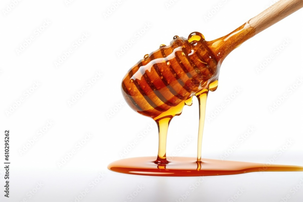 Honey dripping from wood dipper on white background. Honey. Generative ai