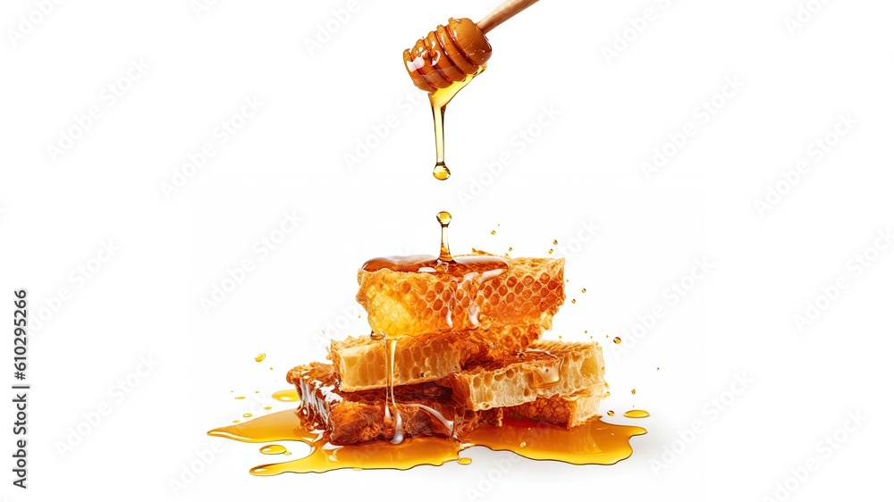 Honey dripping from wood dipper into a honeycomb on white background. Generative ai