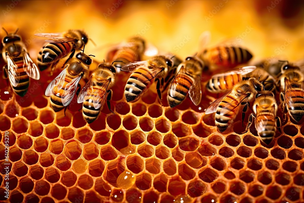 Honeybees working diligently inside their hive, meticulously crafting honeycomb cells filled with gl