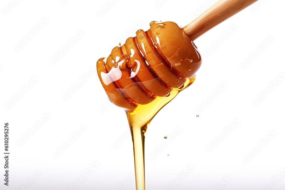 Honey dripping from wood dipper on white background. Honey. Generative ai