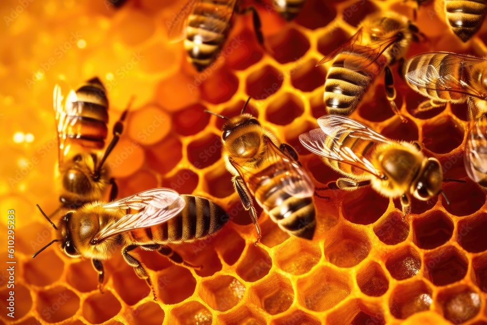 Honeybees working diligently inside their hive, meticulously crafting honeycomb cells filled with gl