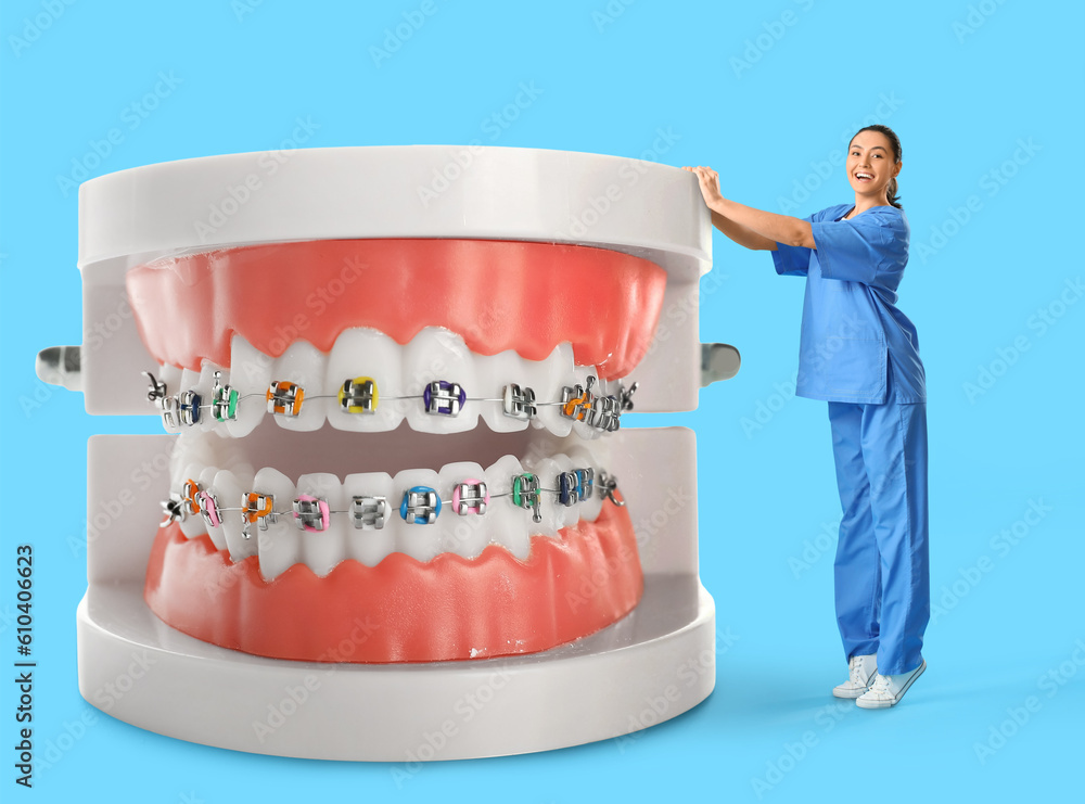 Happy female dentist and big plastic jaws with braces on light blue background