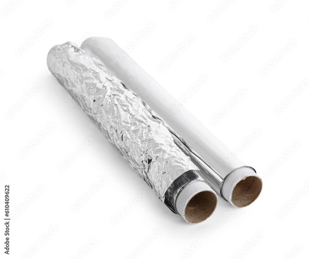 Rolls of aluminium foil on white background