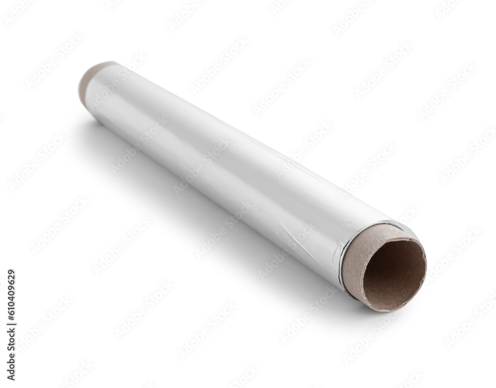 Roll of aluminium foil isolated on white background