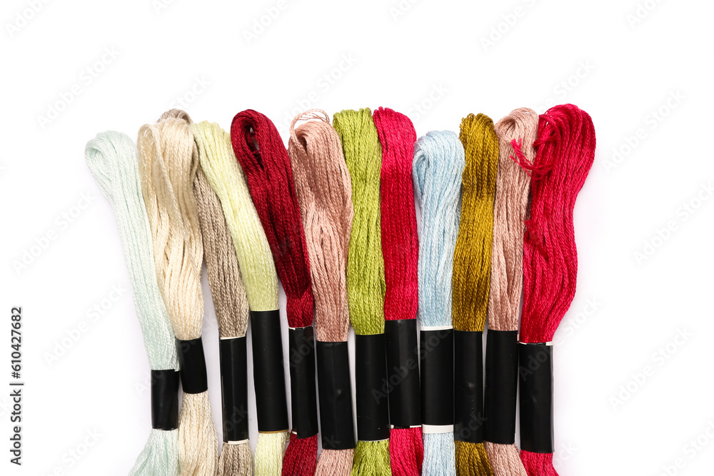 Different mouline threads isolated on white background