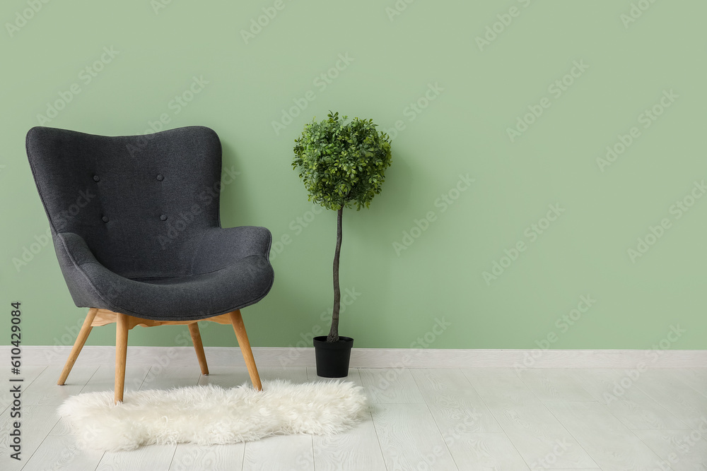 Dark grey armchair with houseplant and fluffy rug near green wall