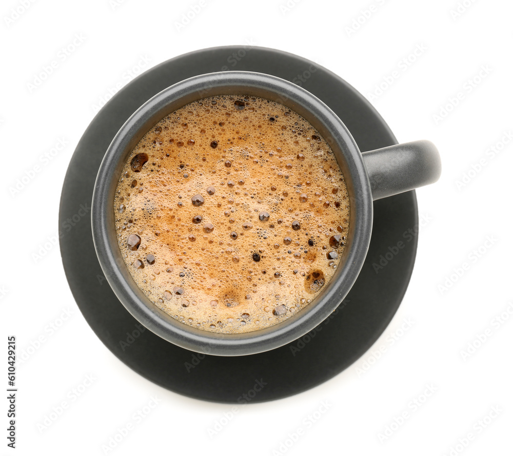 Cup of delicious espresso with saucer on white background