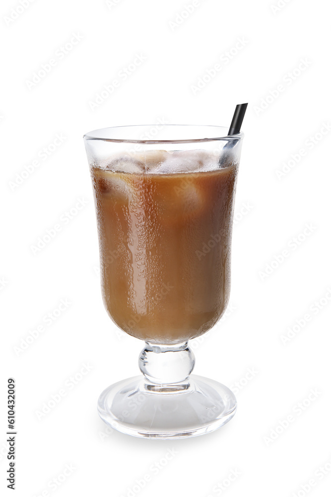 Glass of ice coffee with straw on white background