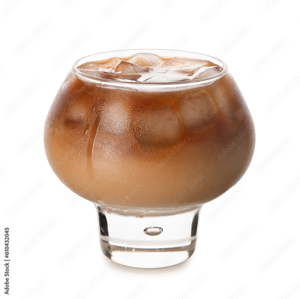 Glass of ice coffee on white background