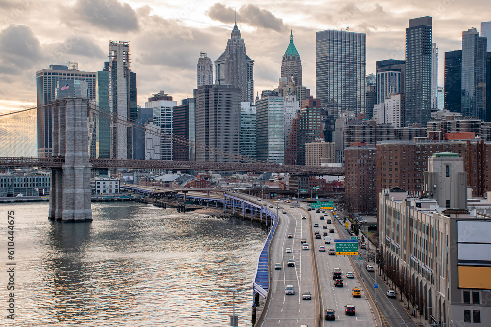 Panoramic view of Lower Manhattan with FDR drive in the foreground