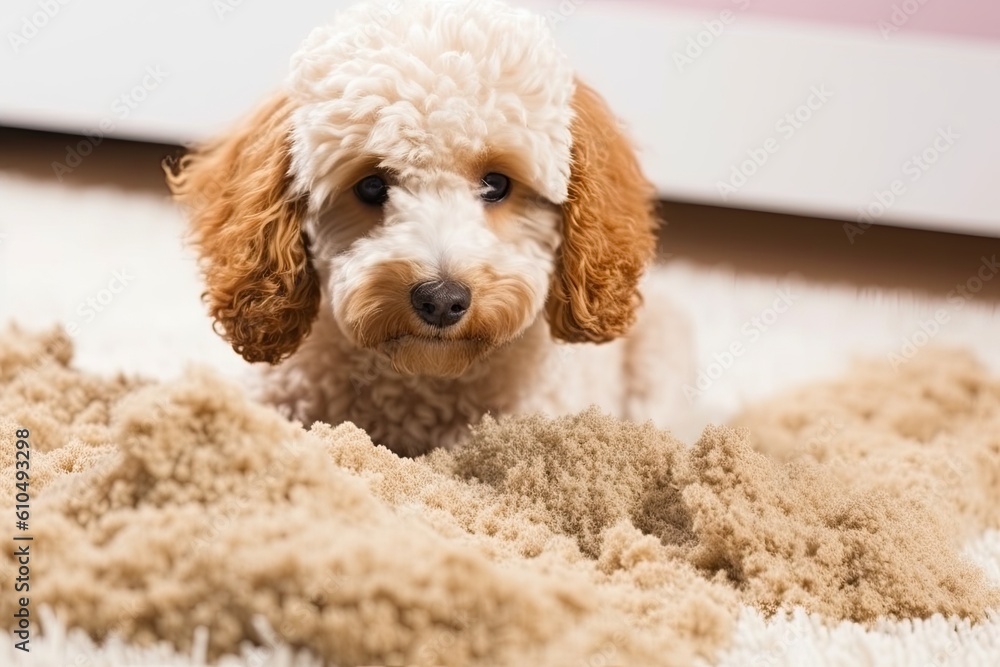 small dog resting on a colorful rug Generative AI