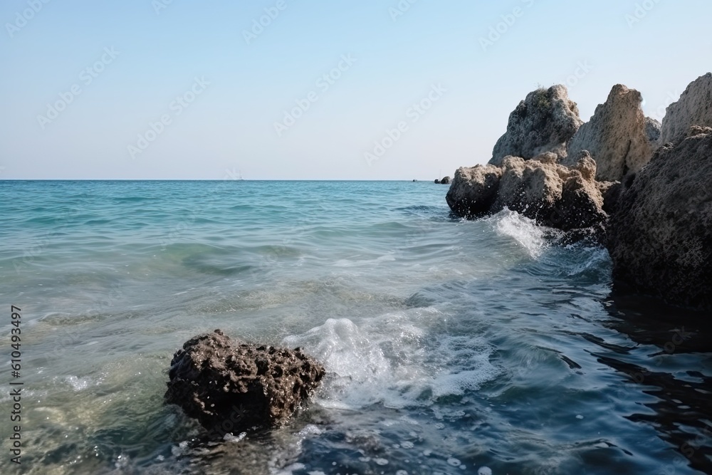 rocks protruding from a serene body of water Generative AI