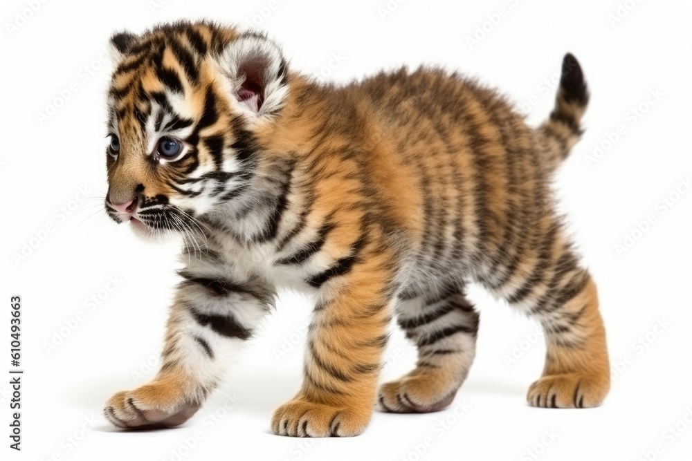 cute tiger cub walking on a white background Generative AI