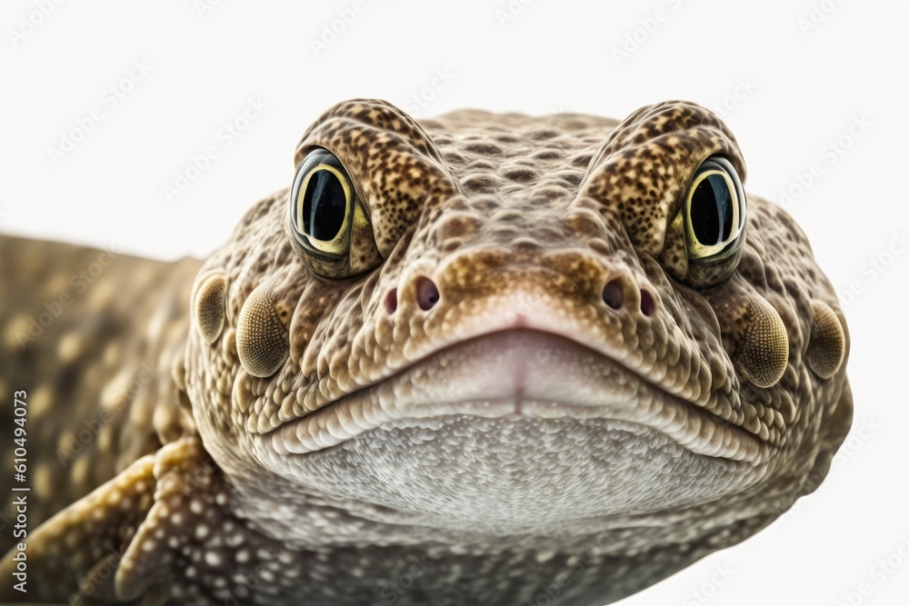 close-up of a lizards face on a white background Generative AI