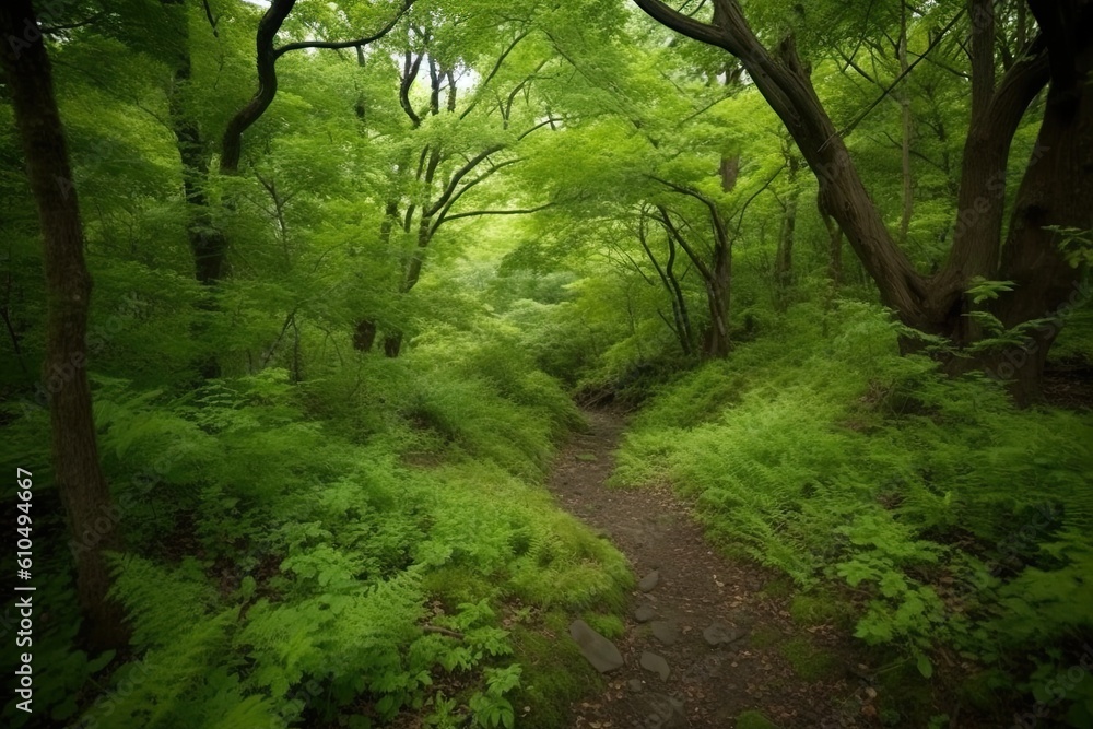 serene forest pathway surrounded by lush green trees Generative AI