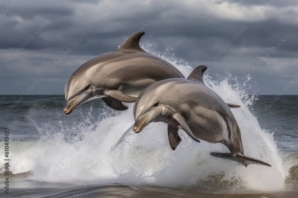 two dolphins leaping out of the ocean waves Generative AI