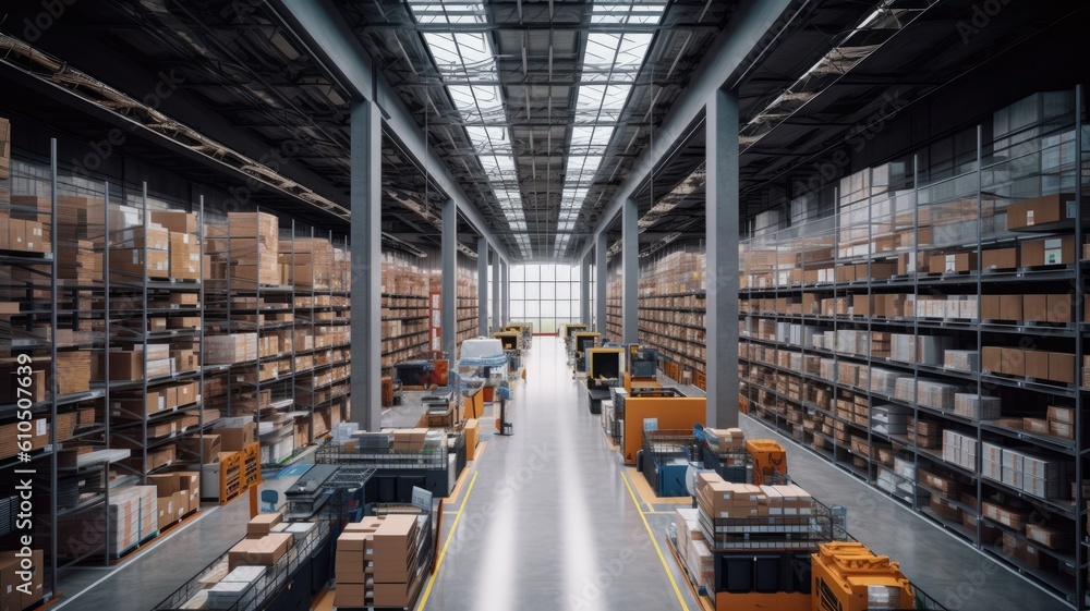 Huge distribution warehouse with high shelves and loaders. Generative AI