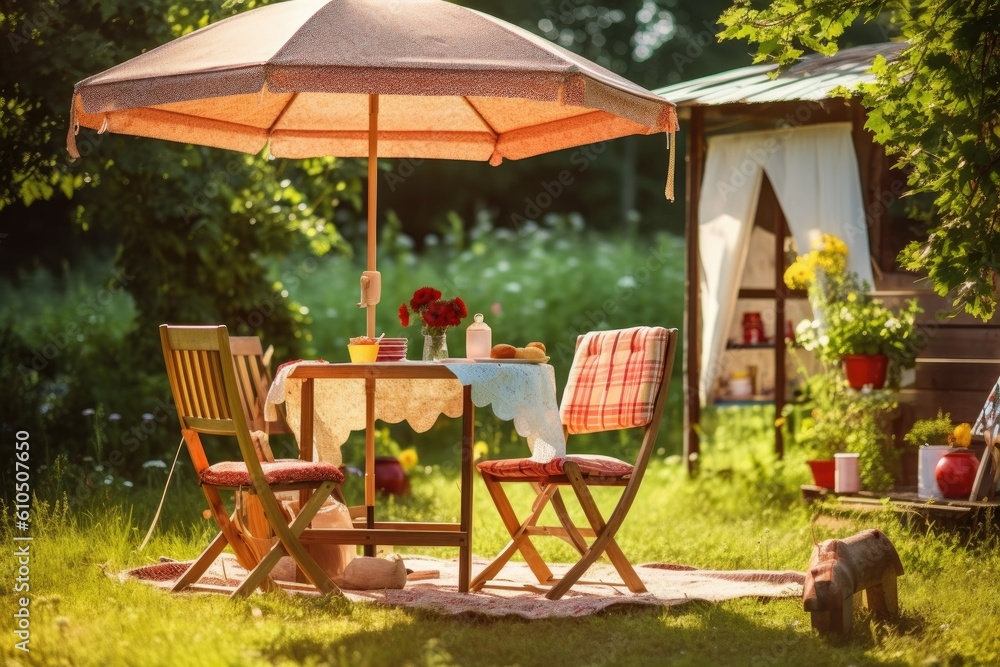 Cafe table with chair and parasol umbrella in the garden. Generative AI