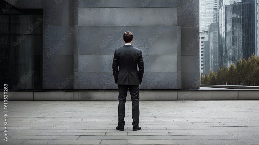 Businessman in a suit captured from behind. The executives solitary stance, symbolizing the unique 