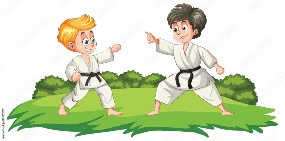 Two boys practicing judo