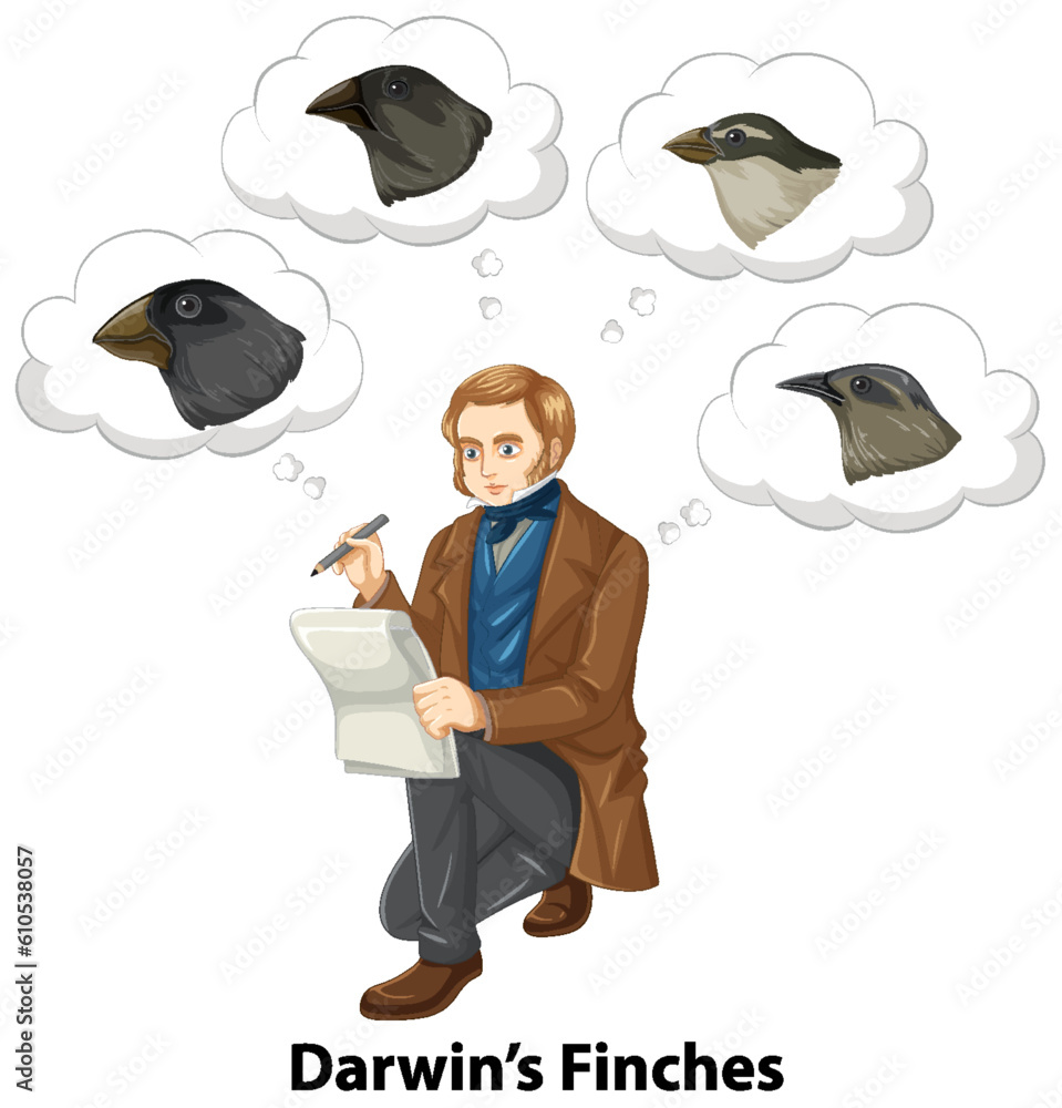 Charles Darwin thinking about finches birds