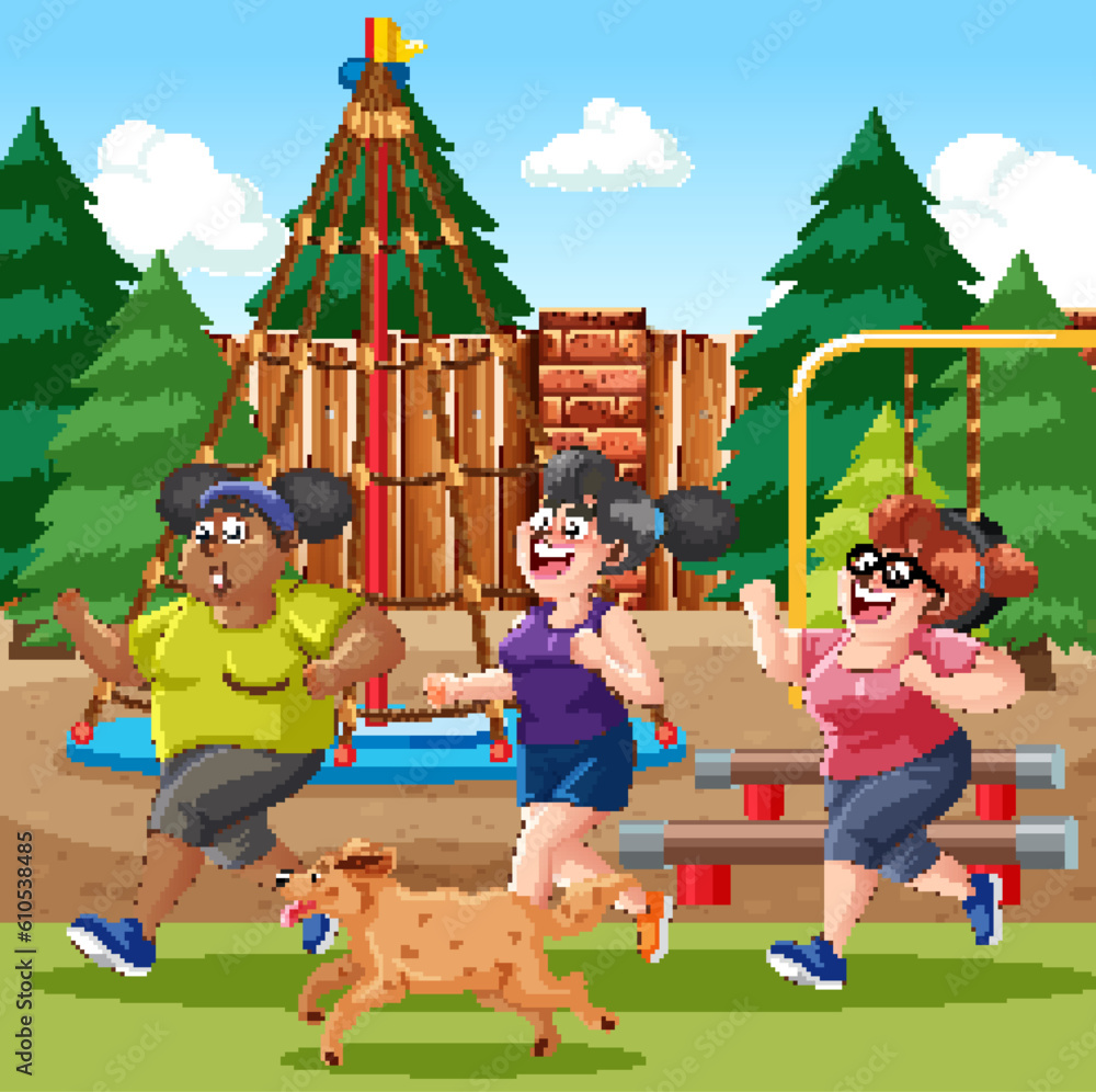 Group of middle age female jogging at the park with a dog