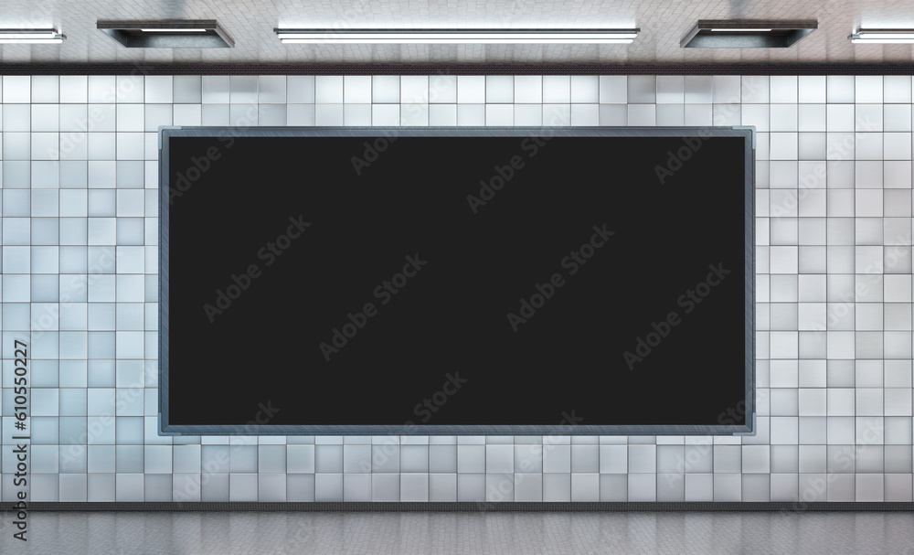 Panoramic 2:1 billboard on underground subway wall Mockup. Hoarding advertising on train station 3D 