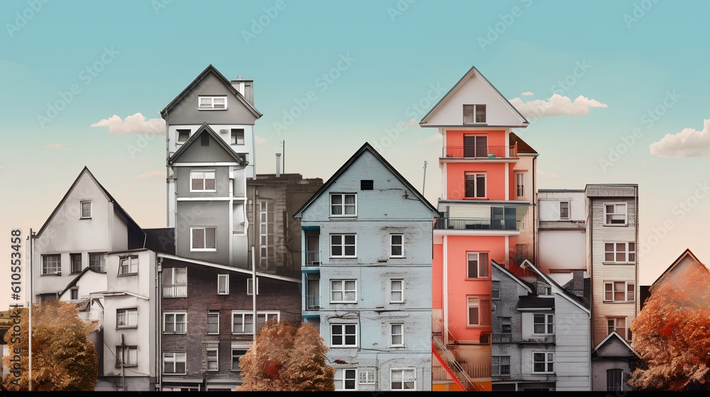 Concept of the housing market through a collage of various houses. This dynamic visual ensemble unde