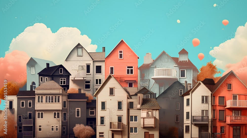 Concept of the housing market through a collage of various houses. This dynamic visual ensemble unde