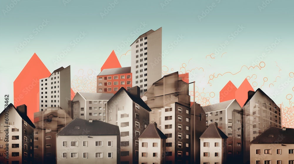 Concept of the housing market through a collage of various houses. This dynamic visual ensemble unde