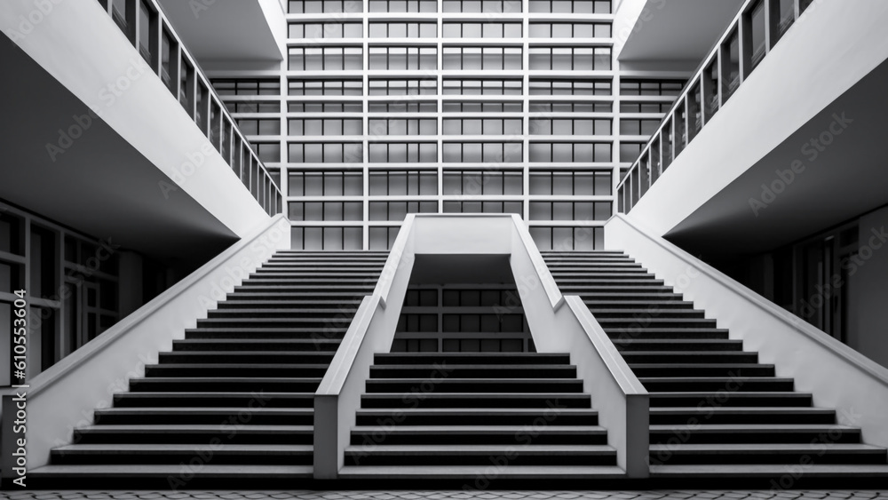 A modern office building with geometrically patterned staircase. Generative AI.