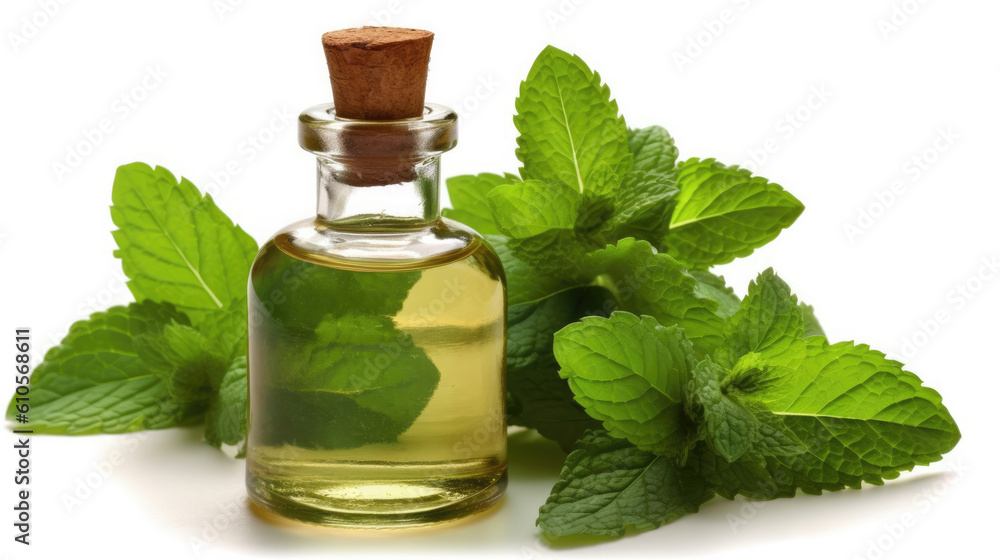 Bottle of Peppermint Essential Oil on white