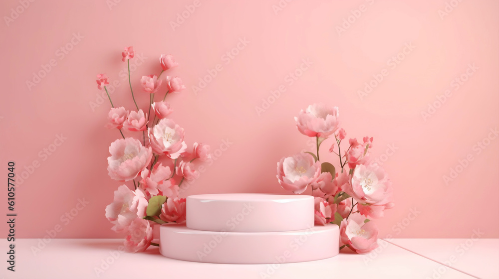 Podium with pink roses on pastel pink background to display products, gift or cosmetics. Generative 