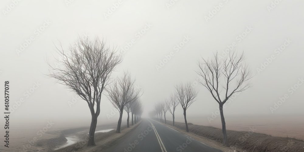 Misty empty road in lowlands. Foggy highway. Mystery travel concept. Generative AI