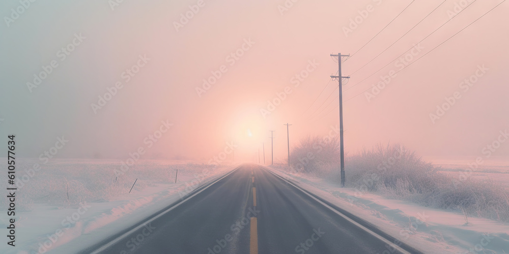 Minimalistic empty highway in winter. Road surrounded snow. Travel concept. Generative AI