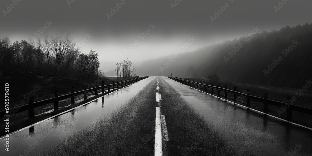 Minimalistic wet road and rain. Wet empty highway. Generative AI