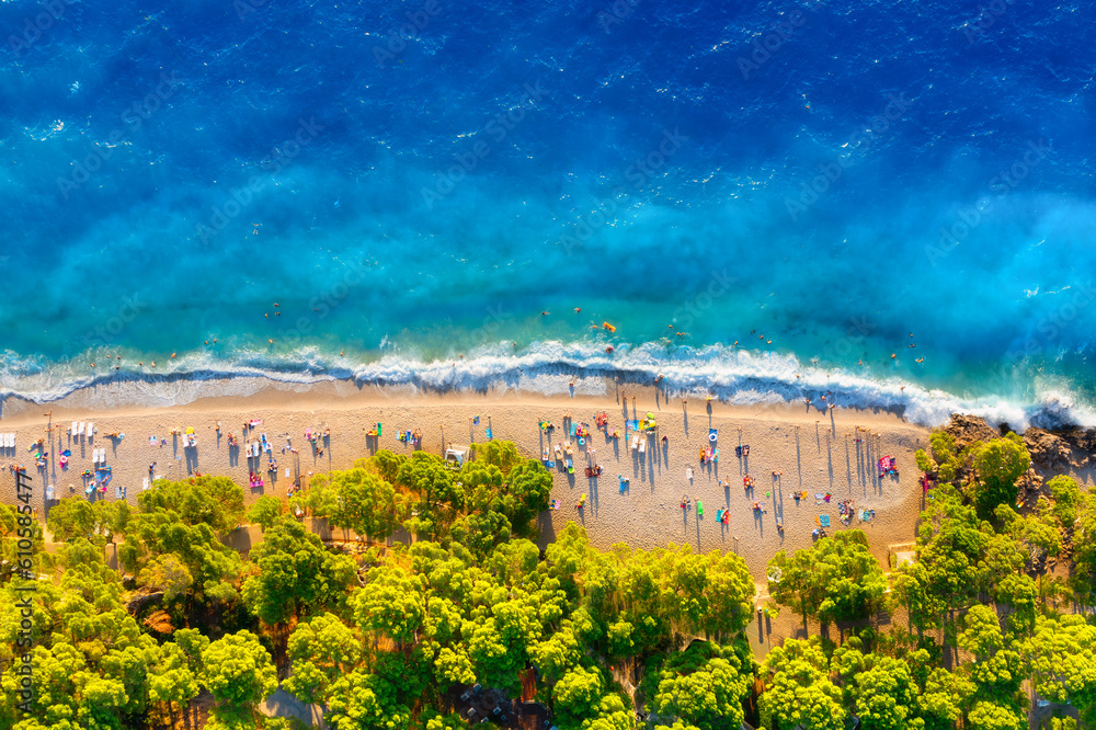 View from the air on the beach. Aerial view. Rest on the beach. Sea relaxation and travel. The fores