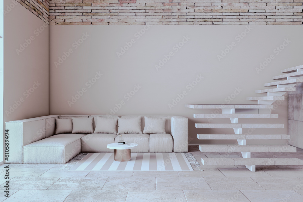 Contemporary luxury living room interior with empty mock up place on wall, furniture and decorative 