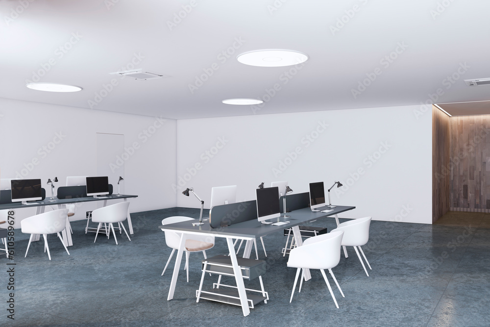 Perspective view of open space office coworking interior with comfortable workplaces, desks with com