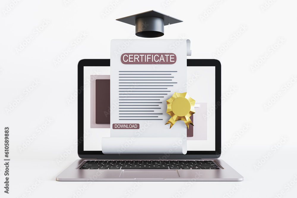 Online education, e-learning and courses concept with front view on qualification certificate with g