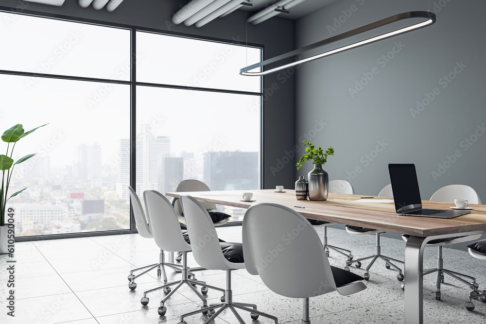 Perspective view on stylish wooden meeting table with steel legs and wheel chairs around on concrete