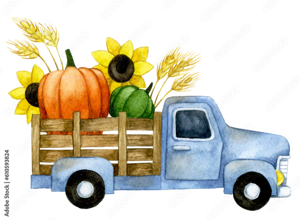 watercolor drawing. cute thanksgiving composition. pumpkin car. autumn, harvest, funny vintage print