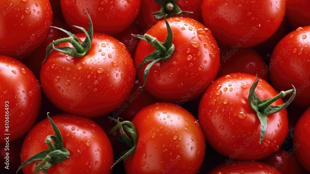 Perfect fresh red wet tomatoes with tomato on background. Generative AI