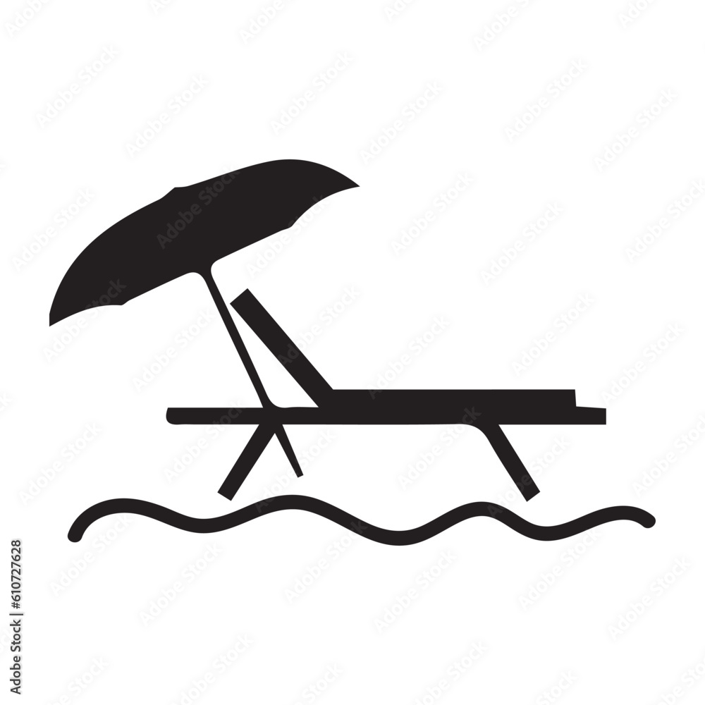 Chaise lounge and beach umbrella on white background