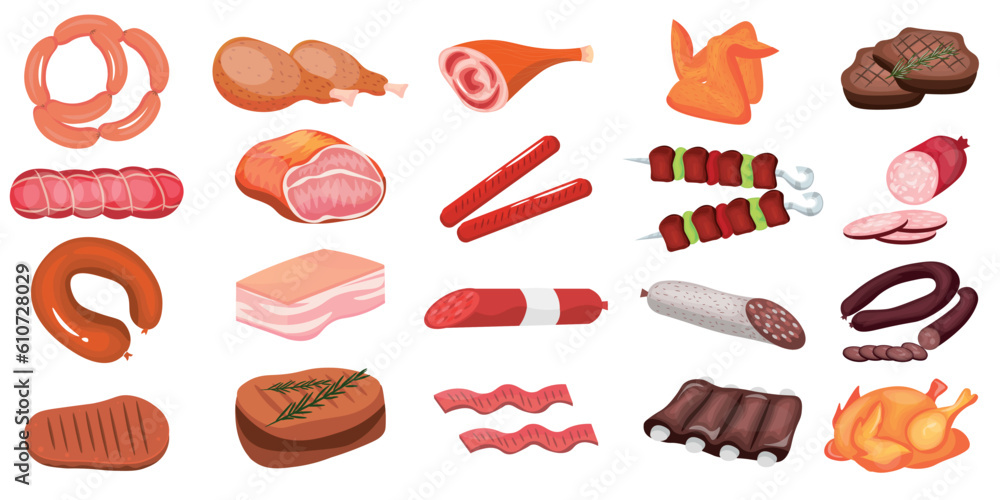 Set of different meat products on white background