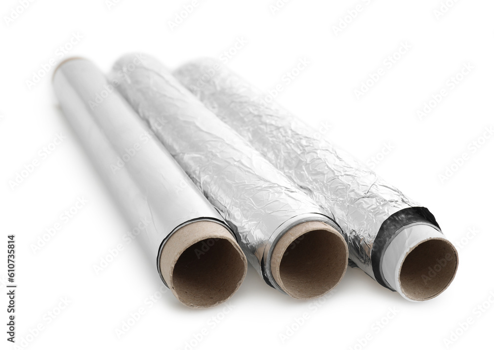 Rolls of aluminium foil isolated on white background