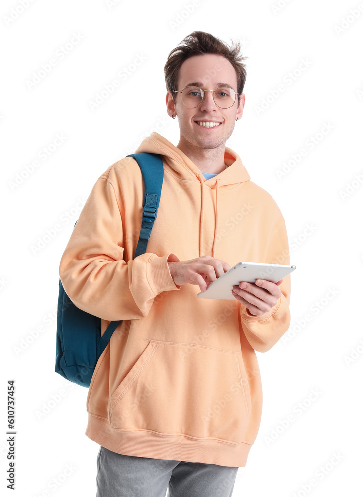 Male student with tablet computer on white background