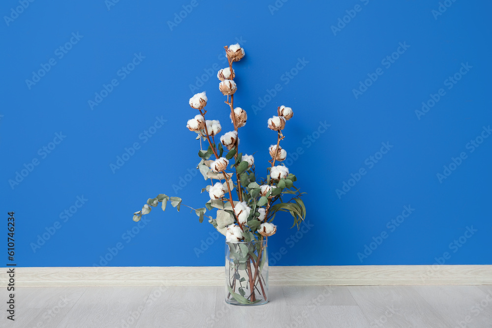 Vase of cotton sprigs on floor near blue wall