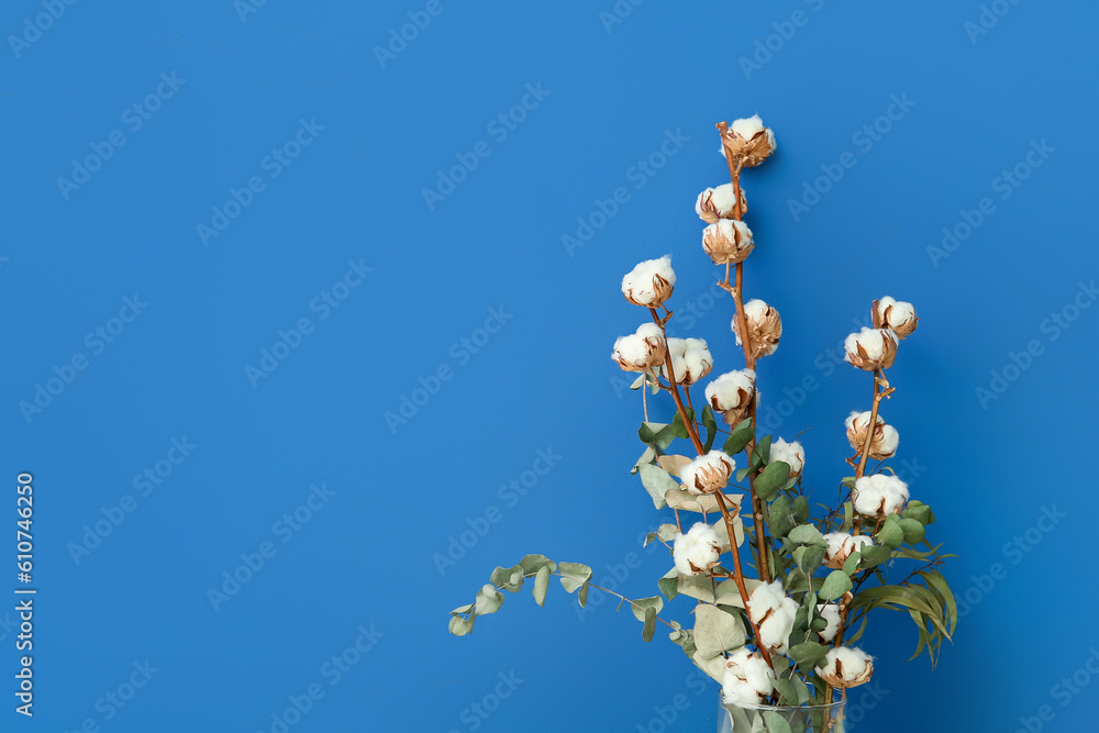 Vase of cotton sprigs on blue background