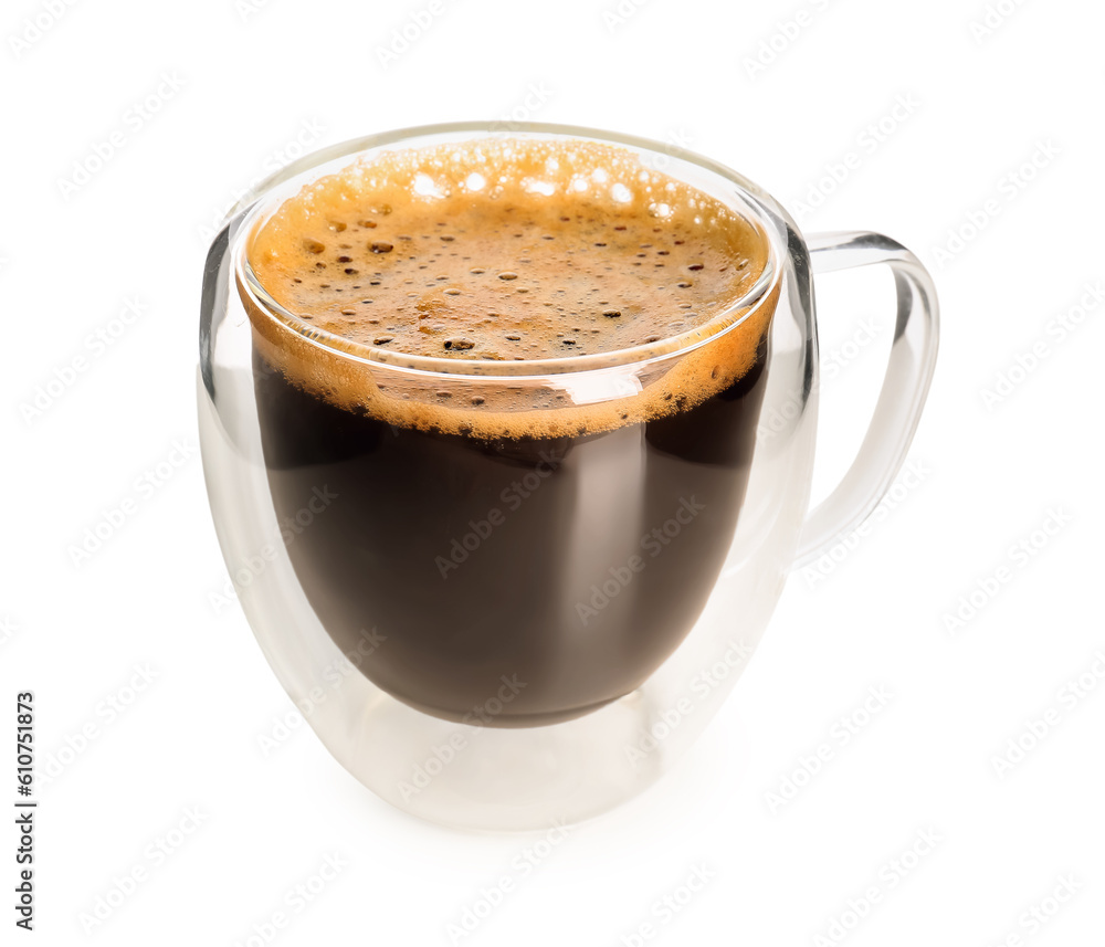 Glass cup of delicious espresso on white background